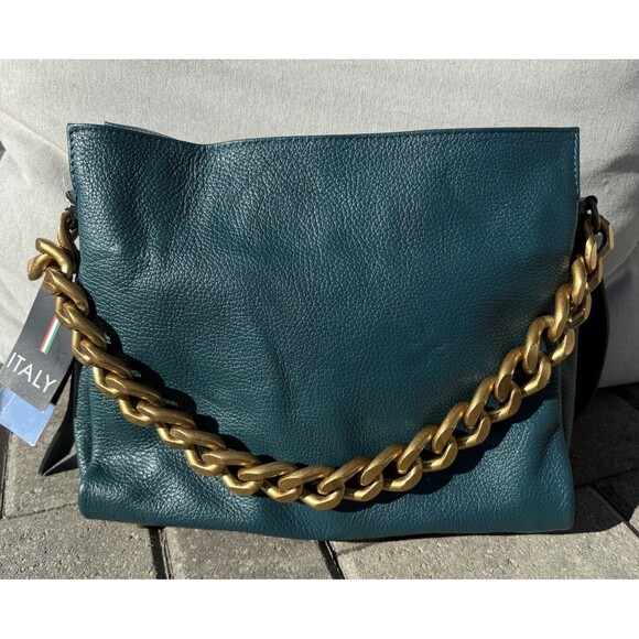 Viola Castellani Italian Leather Dark Teal Purse Large Gold Chain Crossbody NWT - Picture 2 of 16